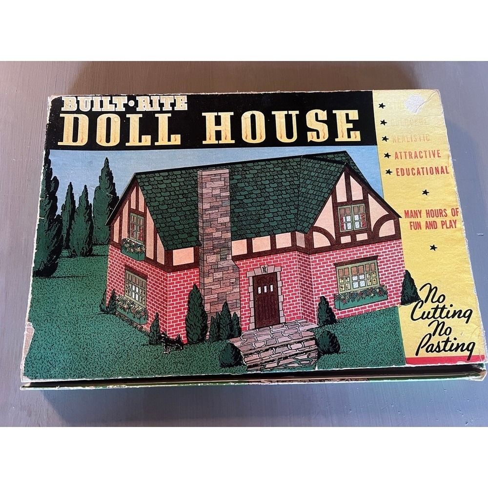 Built Rite Dollhouse Toy 1940s Vintage Cardboard Tudor Cottage House Built-Rite